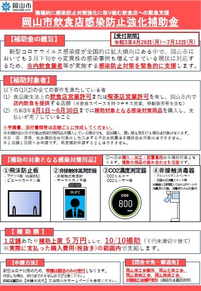 岡山市飲食店感染防止強化補助金について