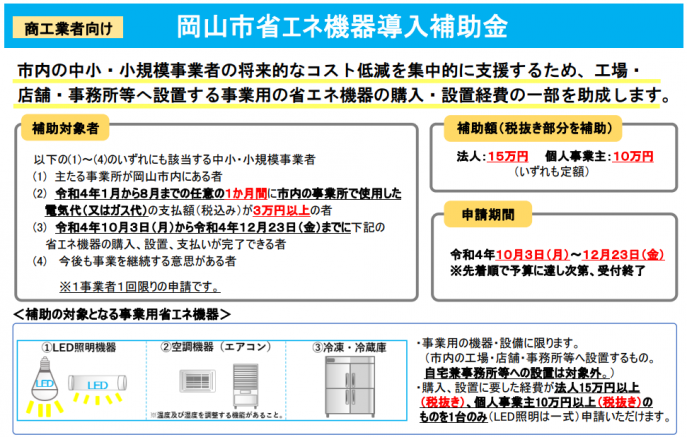 岡山市省エネ機器導入補助金のご案内