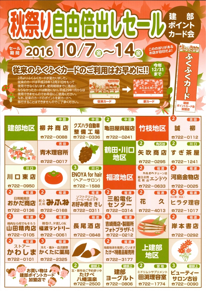 建部ポイントカード会　10/7～10/14　秋祭り自由倍出しセール開催のお知らせ